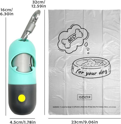 Dog Poop Bag Holder Dispenser with LED Flashlight - Night Visibility for Safe Evening Walks | Upgraded Hands-Free Leash Clip | Includes 15 Dog Waste Bags