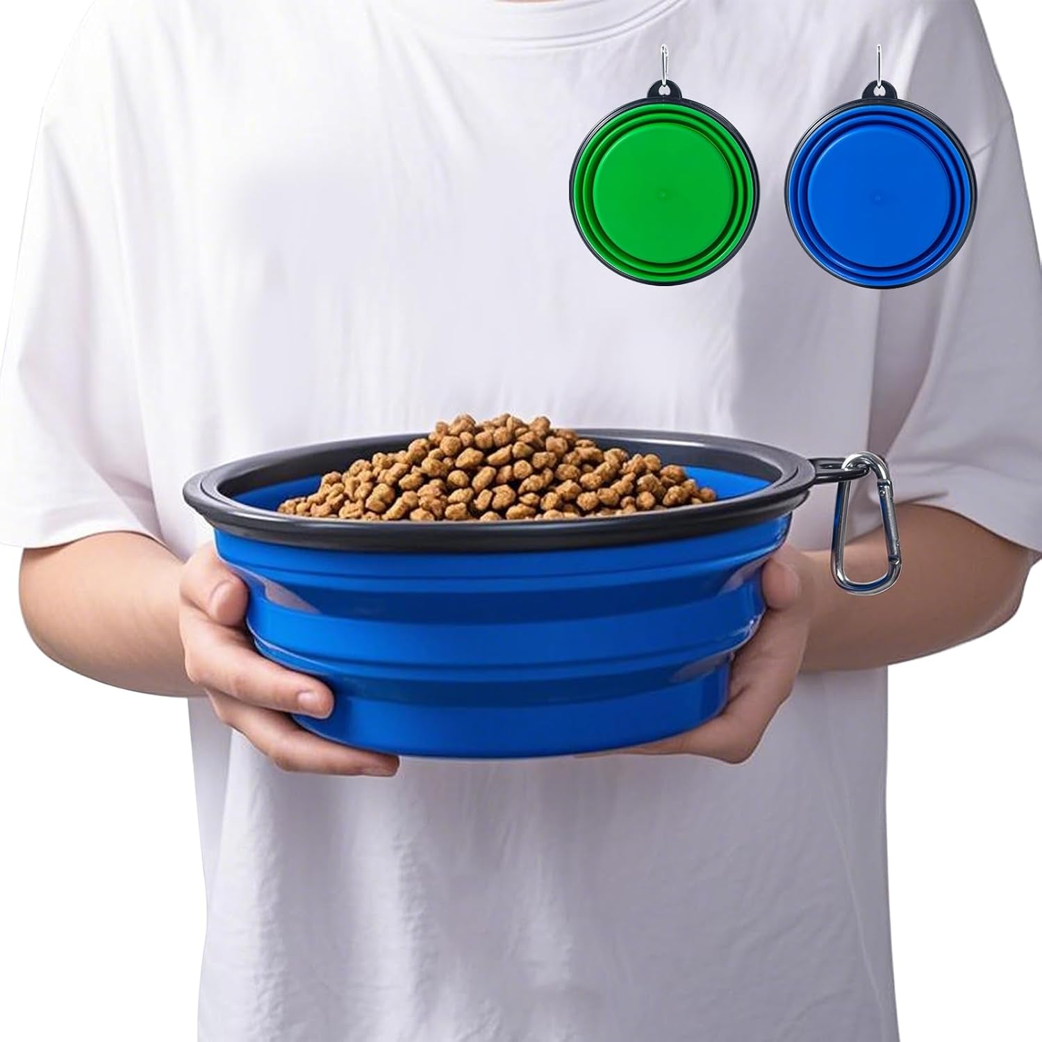 Collapsible Bowls, 2 Pack Water Bowls for Cats Dogs, Portable Pet Feeding Watering Dish for Walking Parking Traveling with 2 Carabiners (Large, Blue+Green)