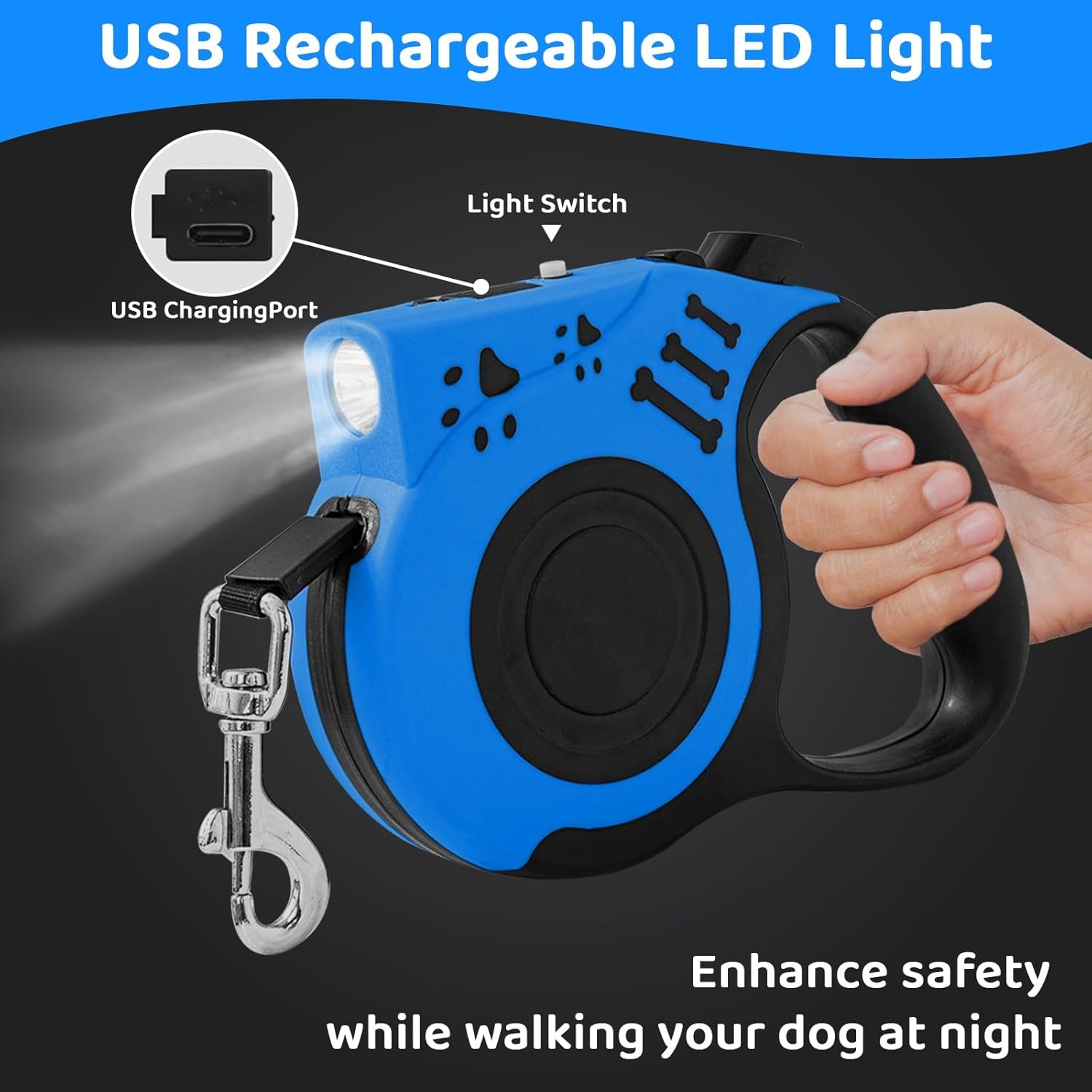 Retractable Dog Leash with USB Rechargeable Flashlight for Night Walks, 16FT Automatic Telescopic Tractor Dog Leash for Small and Medium Dogs, Blue