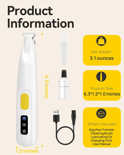 Upgraded Dog Paw Trimmer with LED Light, 18 Mm Widen Blade, 35 Db Low Noise, LED Display, Fully Waterproof, Rechargeable Clipper for Dogs Cats Trimming Paws, Eyes, Ears, Face, and Rump