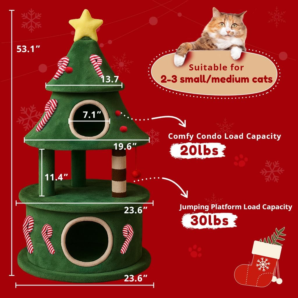 55" Christmas Cat Tree with 3 Cozy Houses Indoor Holiday Pet Tower with Anti-Tip Kit and Toy Balls,Decoration Climbing Furniture for Cats to Play and Sleep