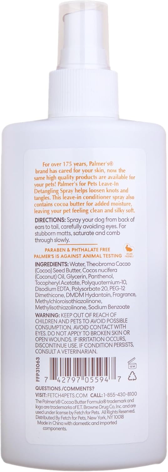 Palmer's for Pets Detangling & Conditioning Spray with Cocoa Butter 8 Fl Oz; Leave-In Dog Conditioner with Vitamin E and Cocoa Butter, De-Matting Spray for Dogs