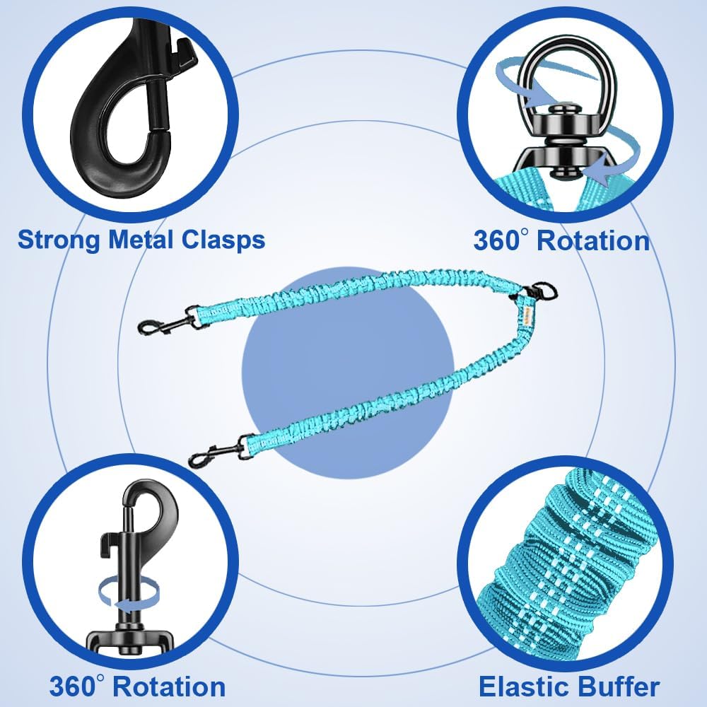 Double Dog Leash, Dual Dog Leash, 360° Swivel Tangle Free Bungee Walking Training for Large Medium Dogs, Shock Absorbing Bungee Reflective for Two Dogs, 18~123 Lbs, Blue