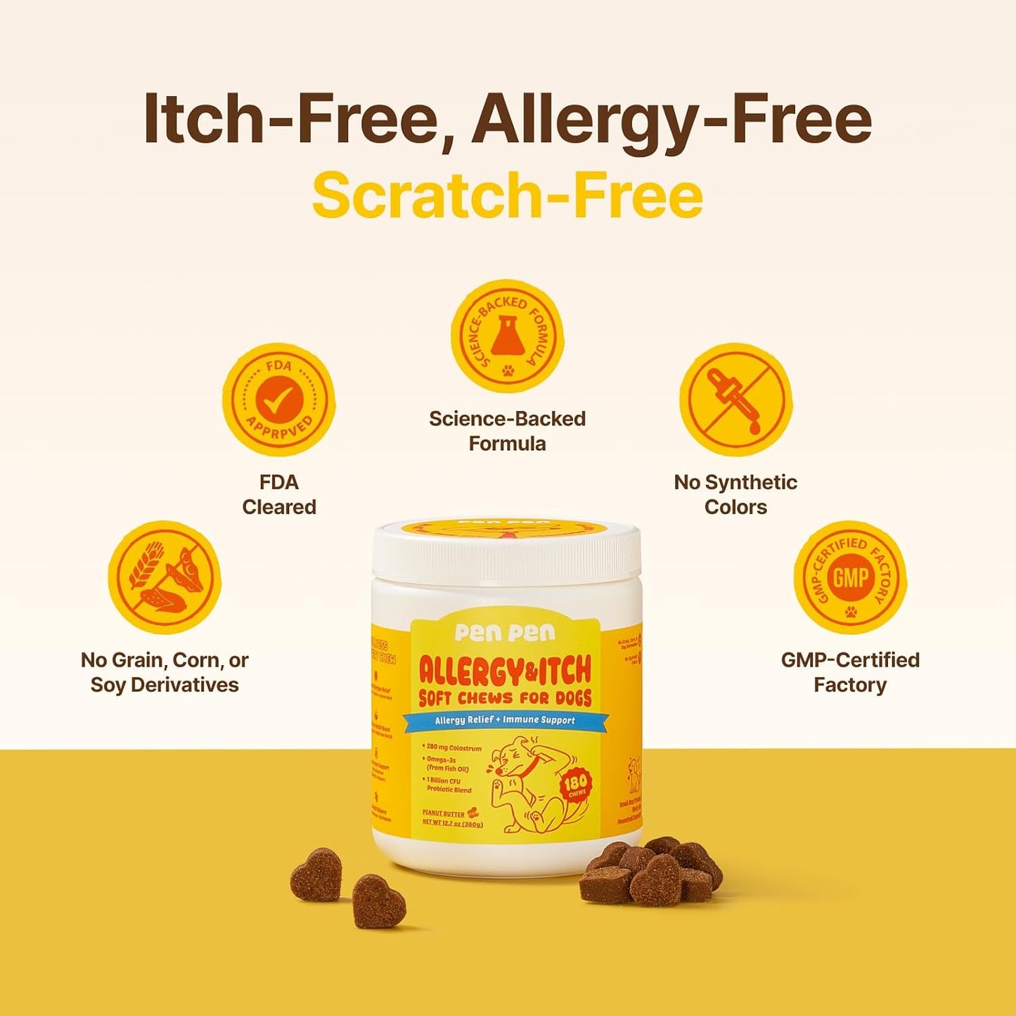 Dog Allergy Chews - Anti-Itch & Itchy Skin Support for Dogs, Probiotics & Omega 3 (Fish Oil) for Immune & Gut Health - Peanut Butter Flavor - 180 Soft Chews