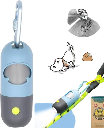 Dog Poop Bag Holder Dispenser with LED Flashlight - Night Visibility for Safe Evening Walks | Upgraded Hands-Free Leash Clip | Includes 15 Dog Waste Bags
