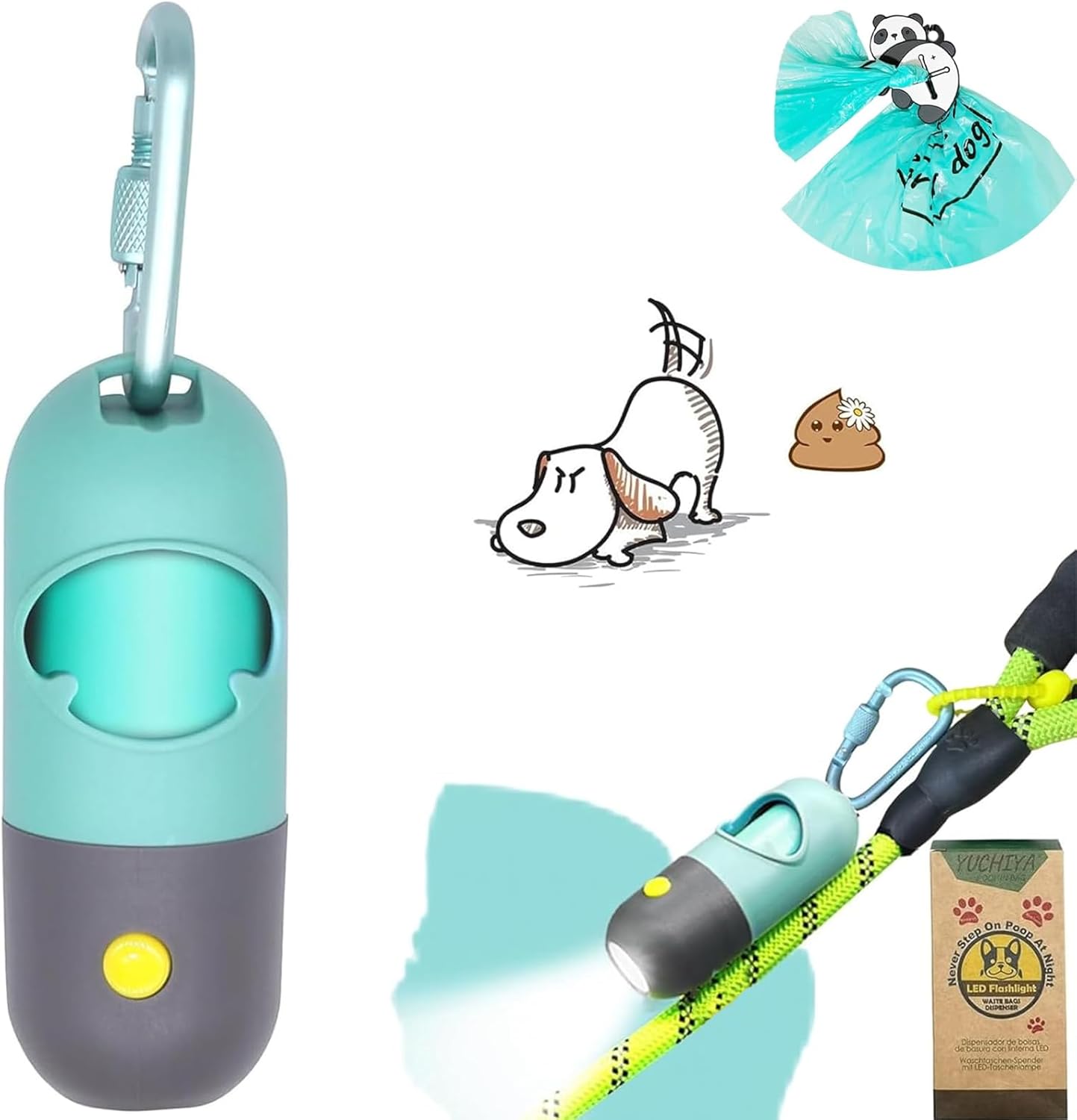 Dog Poop Bag Holder Dispenser with LED Flashlight - Night Visibility for Safe Evening Walks | Upgraded Hands-Free Leash Clip | Includes 15 Dog Waste Bags