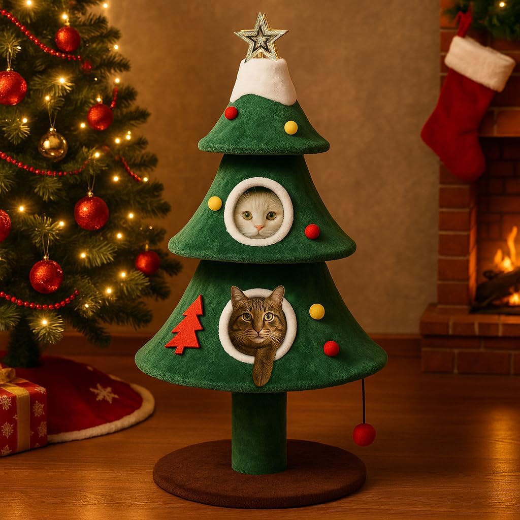 55" Christmas Cat Tree with 3 Cozy Houses Indoor Holiday Pet Tower with Anti-Tip Kit and Toy Balls,Decoration Climbing Furniture for Cats to Play and Sleep