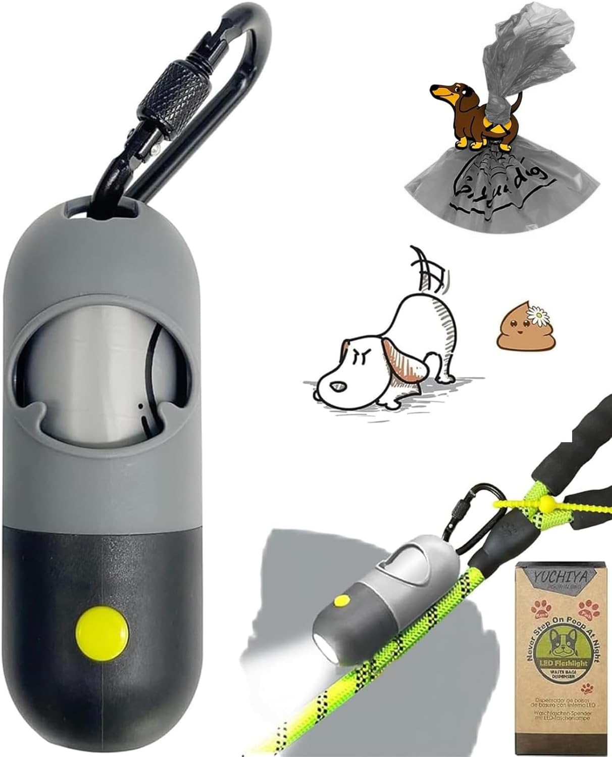 Dog Poop Bag Holder Dispenser with LED Flashlight - Night Visibility for Safe Evening Walks | Upgraded Hands-Free Leash Clip | Includes 15 Dog Waste Bags