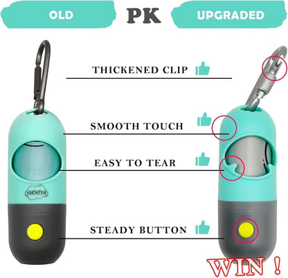Dog Poop Bag Holder Dispenser with LED Flashlight - Night Visibility for Safe Evening Walks | Upgraded Hands-Free Leash Clip | Includes 15 Dog Waste Bags