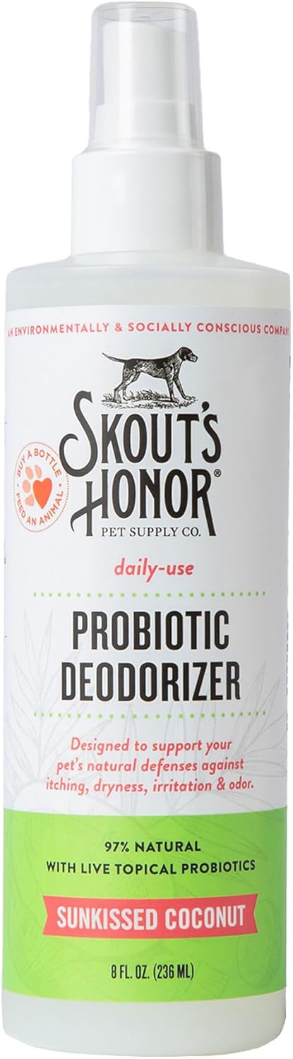 Probiotic Pet Deodorizer Spray- Hydrating Daily-Use with Avocado Oil & Omega-3S, Microbiome Friendly Certiified, Paraben & Sulfate-Free, 97% Natural, 8Oz, Sunkissed Coconut