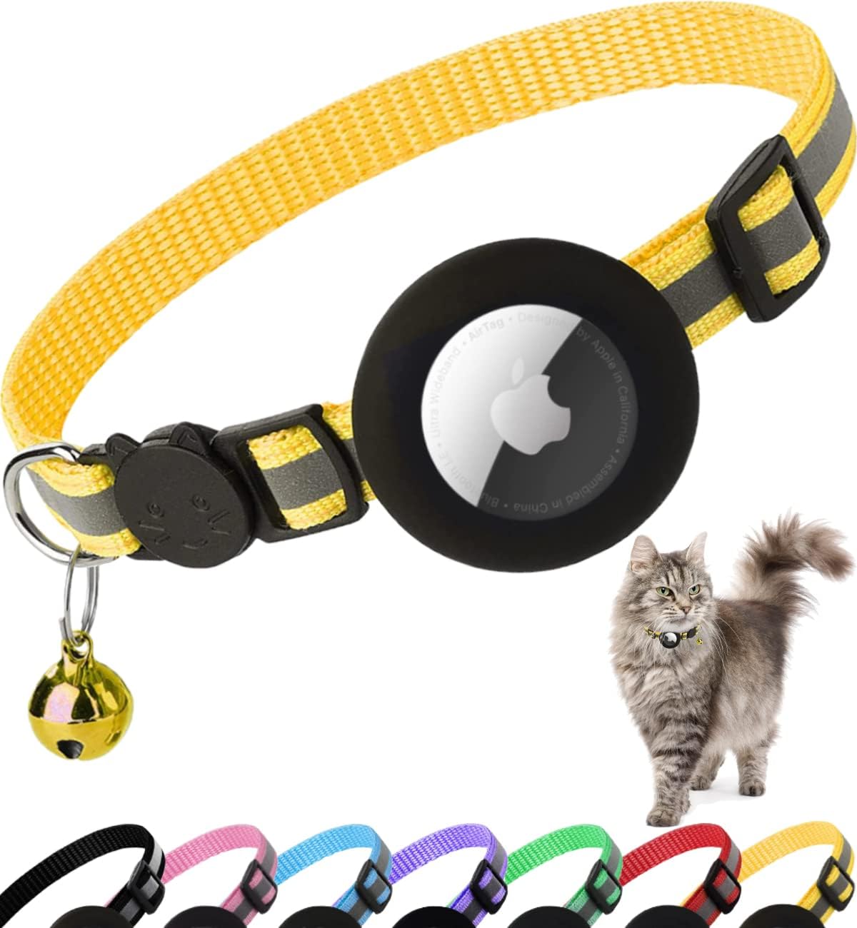 Airtag Cat Collar Breakaway, Reflective Kitten Collar with Apple Air Tag Holder and Bell for Girl Boy Cats, 0.4 Inches in Width and Lightweight (Blue)