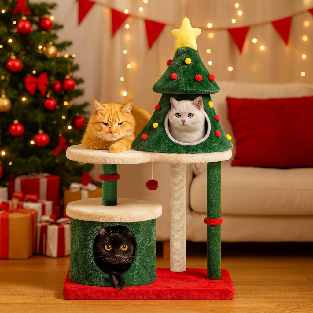 55" Christmas Cat Tree with 3 Cozy Houses Indoor Holiday Pet Tower with Anti-Tip Kit and Toy Balls,Decoration Climbing Furniture for Cats to Play and Sleep