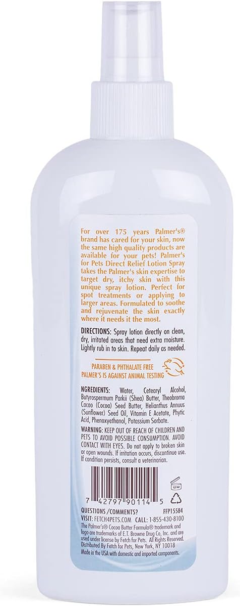 Palmer’S for Pets Cocoa Butter Formula Direct Relief Spray-On Lotion for Dogs, Moisturizing Dog Skin Care Spray to Help Soothe Dry and Itchy Skin with Easy Spray Application, 8 Fl Oz