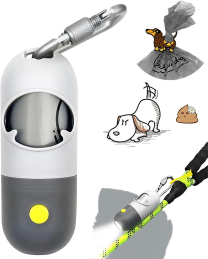 Dog Poop Bag Holder Dispenser with LED Flashlight - Night Visibility for Safe Evening Walks | Upgraded Hands-Free Leash Clip | Includes 15 Dog Waste Bags
