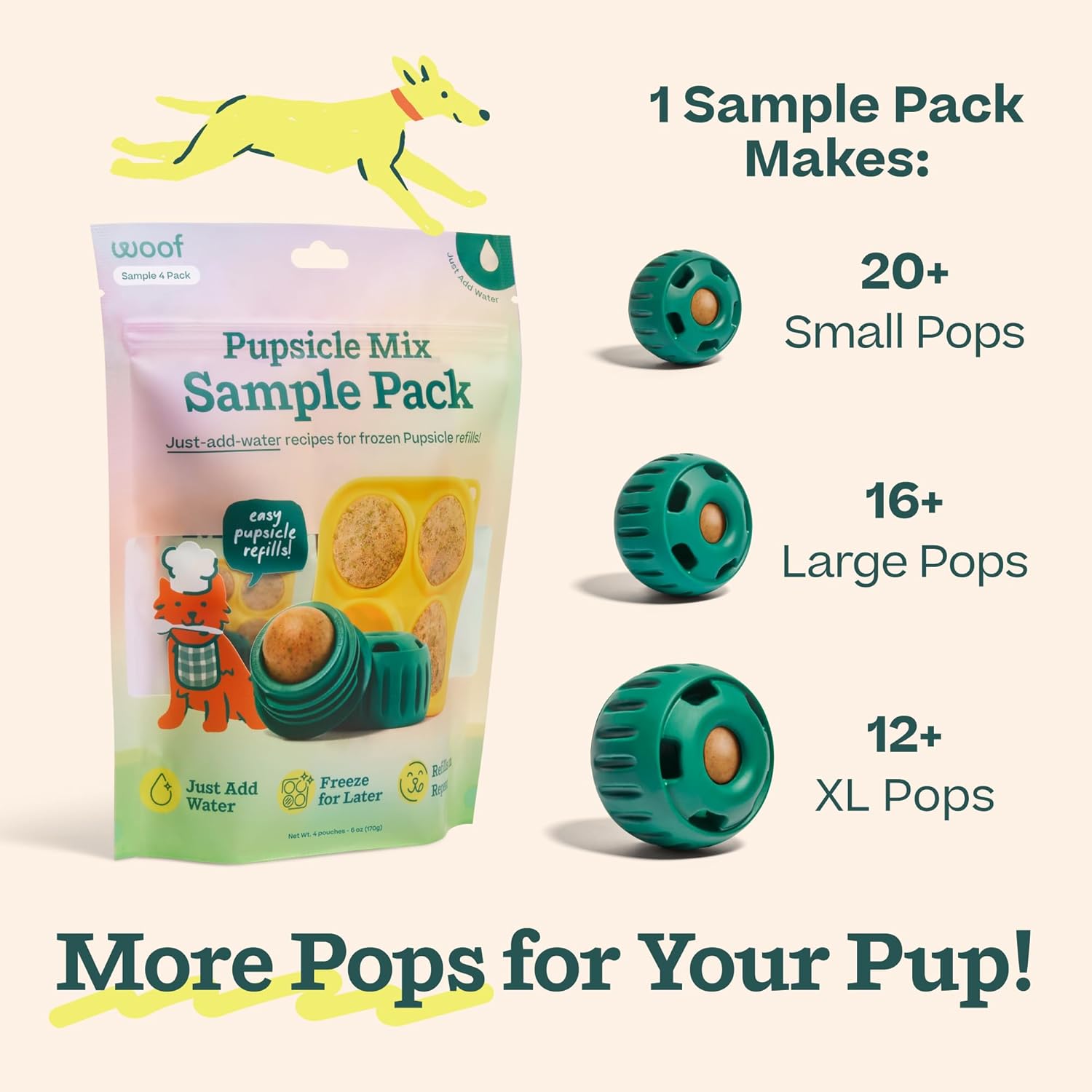 Pupsicle Mix Sample Pack - Easy-To-Make DIY Pupsicle Refills - Delicious Mix for the Pupsicle Interactive Dog Toy - with Bacon & Cheese, Calming, Balanced Belly, and Dental Mix - 4 Pack Sampler