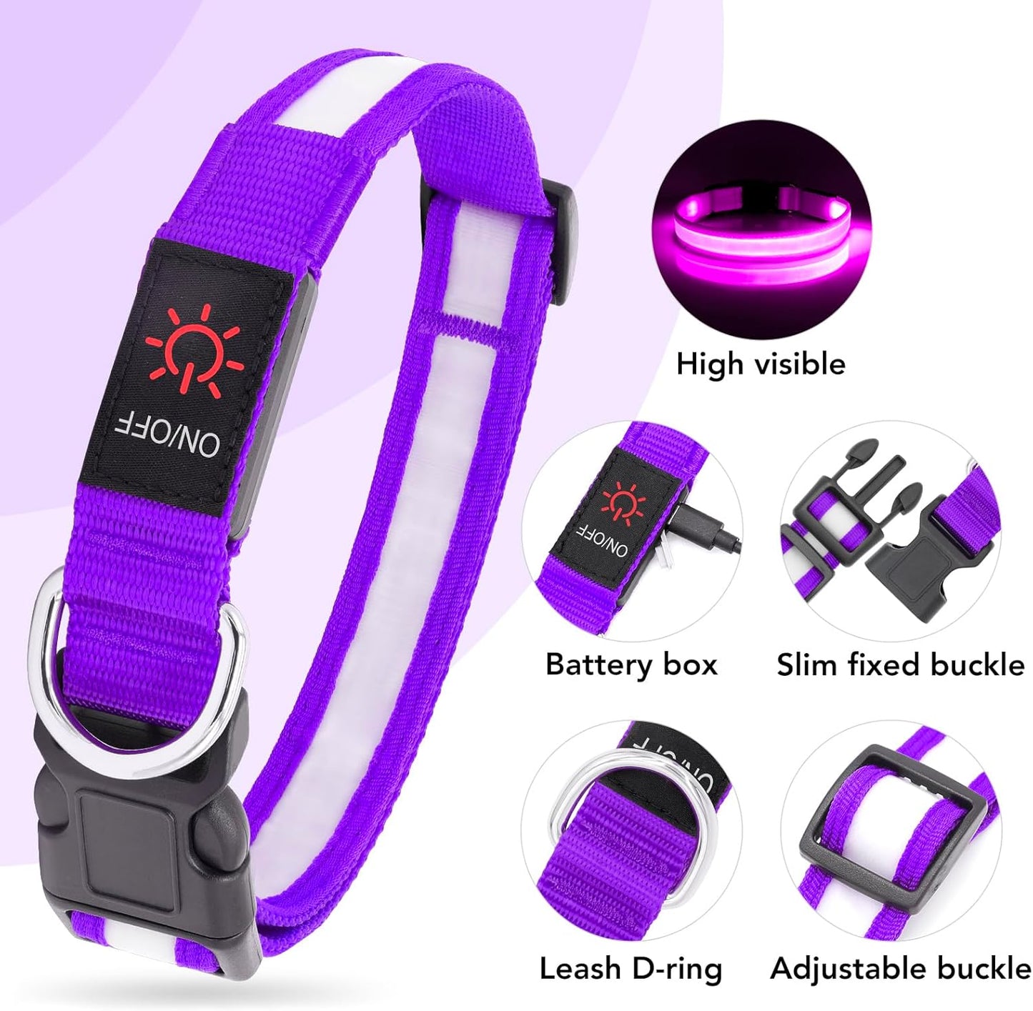 LED Dog Collar, Light up Dog Collar Adjustable USB Rechargeable Super Bright Safety Light Glowing Collars for Dogs