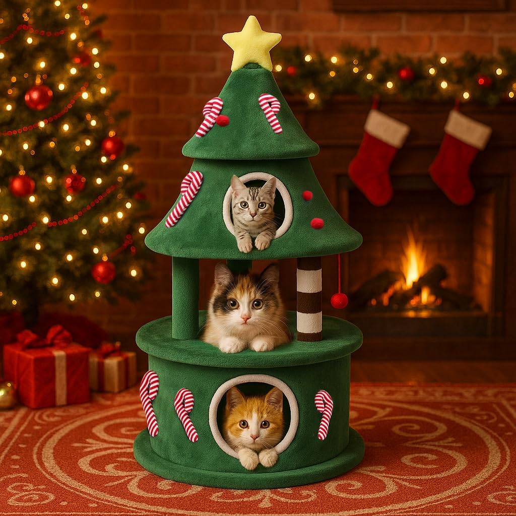55" Christmas Cat Tree with 3 Cozy Houses Indoor Holiday Pet Tower with Anti-Tip Kit and Toy Balls,Decoration Climbing Furniture for Cats to Play and Sleep