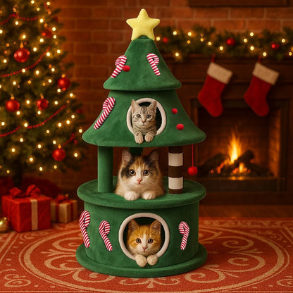 55" Christmas Cat Tree with 3 Cozy Houses Indoor Holiday Pet Tower with Anti-Tip Kit and Toy Balls,Decoration Climbing Furniture for Cats to Play and Sleep