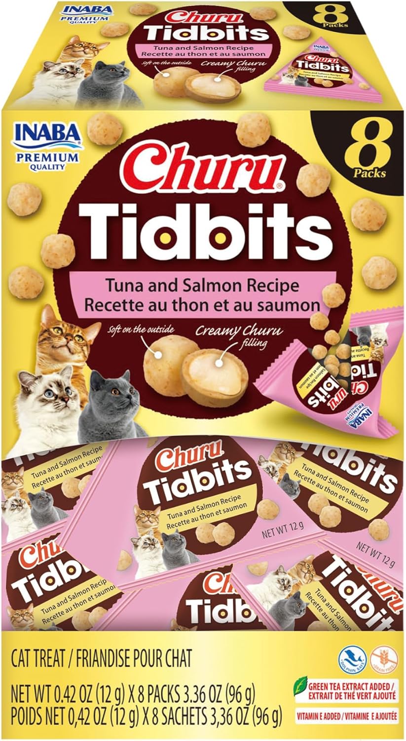 Churu Tidbits for Cats, Soft & Chewy Churu Filled, Baked Chicken Cat Treats with Taurine & Green Tea Extract, 0.42Oz per Pack, 8 Packs Total, Tuna & Salmon Recipe