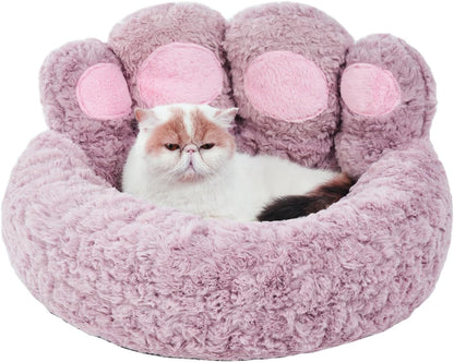 Paw Shape Calming Pet Bed, Plush Faux Fur Donut Bed for Dogs & Cats, Machine Washable, Non-Slip Bottom, Medium (22"×22"×6"), Gray