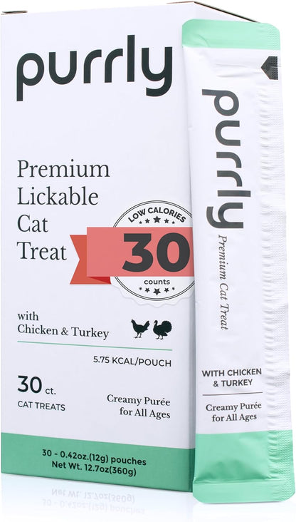 Purrly Lickable Wet Cat Treats Healthy Grain-Free Chicken Variety Pack (30 Count) Squeezable Creamy Purée with Human-Grade Protein Functional Nutrients Non-Gmo No-Artificial-Additives Low-Phosphorus