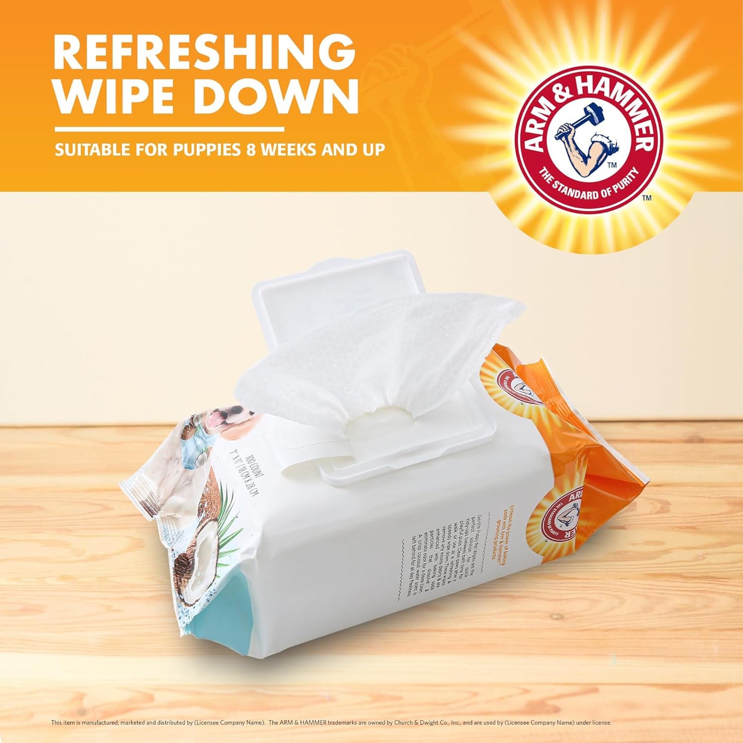Arm & Hammer Dog Grooming Wipes, Deodorizing Dog Cleaning Wipes with Coconut Water, Gentle for Dogs and Puppies, Paraben and Sulfate Free Formula, Light Coconut Scent, 100 Count