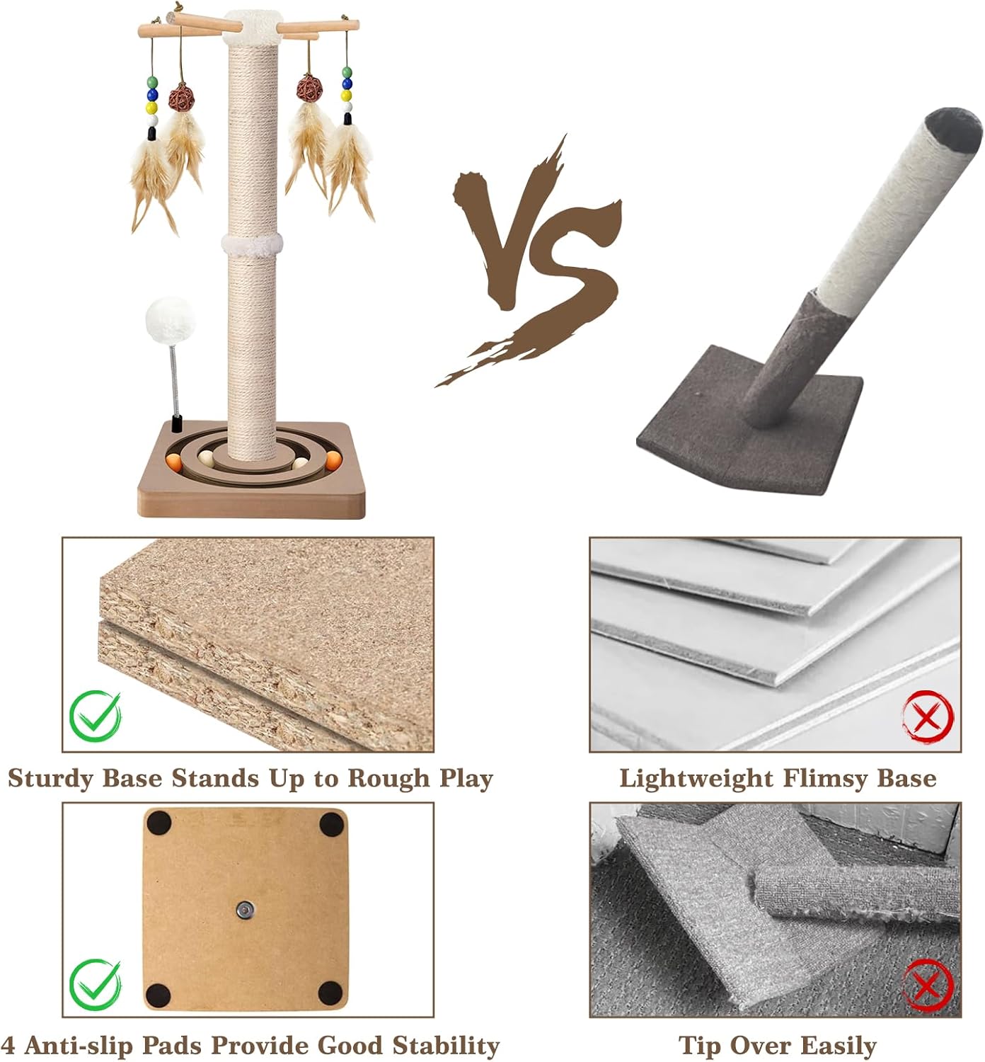 Cat Scratching Post, Sisal, Interactive Furniture Toys for Indoor Cats Adults, 2 Mounting Methods Scratcher Tree Tower with Hanging and Ball Track