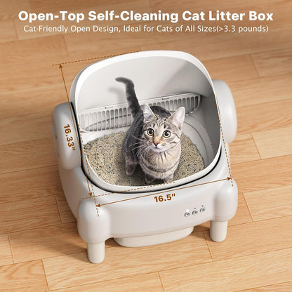 Automatic Litter Box with App Control for Multiple Cats, Safety Sensors Protection, Odor Control, Includes 2 Roll Liners, Large Waste Bin, Cream White