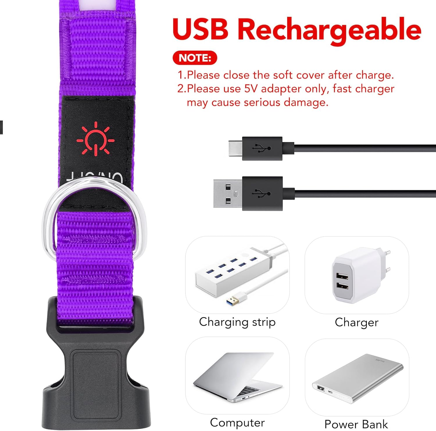 LED Dog Collar, Light up Dog Collar Adjustable USB Rechargeable Super Bright Safety Light Glowing Collars for Dogs