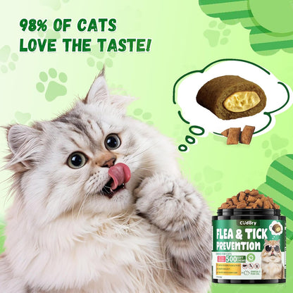 Flea and Tick Prevention for Cats – 500 Crunchy & Creamy Chews, Cat Flea Chewables with Skin & Coat Support – Oral Supplement for All Breeds & Ages – Natural Chicken Flavor