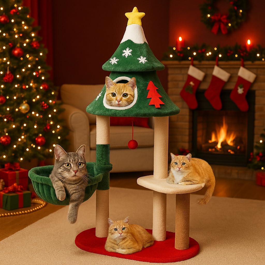 55" Christmas Cat Tree with 3 Cozy Houses Indoor Holiday Pet Tower with Anti-Tip Kit and Toy Balls,Decoration Climbing Furniture for Cats to Play and Sleep