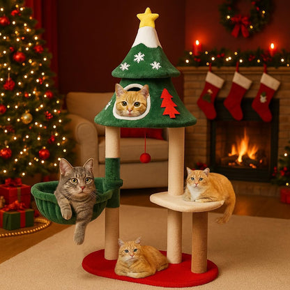 55" Christmas Cat Tree with 3 Cozy Houses Indoor Holiday Pet Tower with Anti-Tip Kit and Toy Balls,Decoration Climbing Furniture for Cats to Play and Sleep