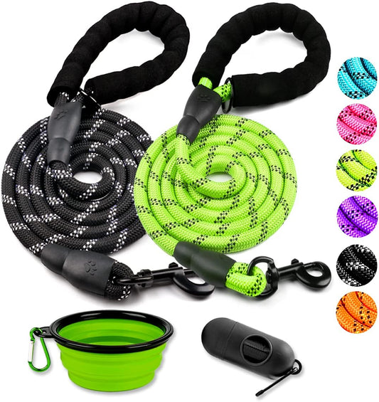2 Pack Dog Leash 6 FT Heavy Duty - Comfortable Padded Handle - Reflective Dog Leash for Medium Large Dogs with Collapsible Pet Bowl Set 6-Black+Green