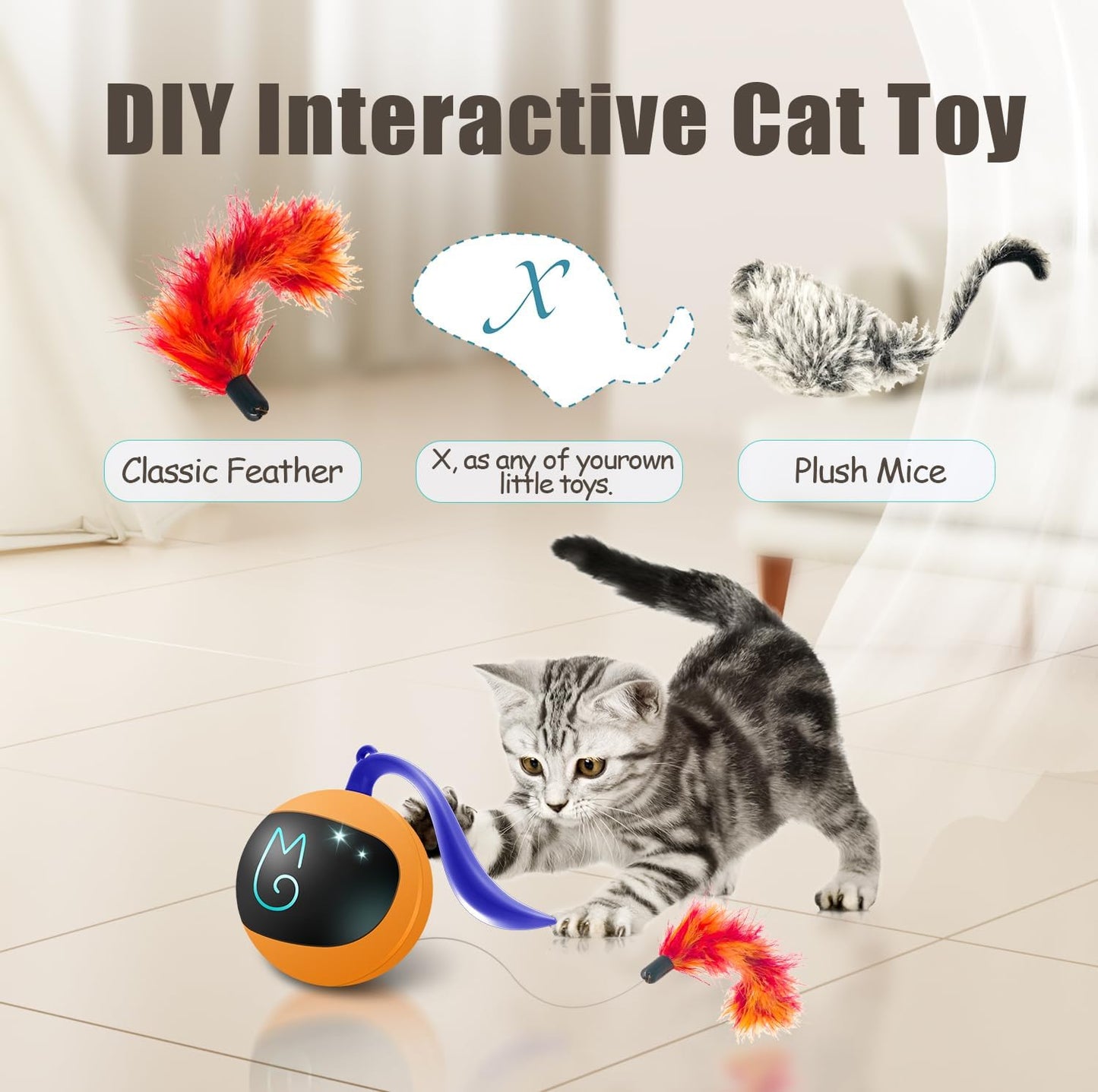 Interactive Cat Ball Toy Set, Fun Tracker, Automatic Rolling Chase Ball with Fluffy Tail, a Small Mice, Rechargeable 