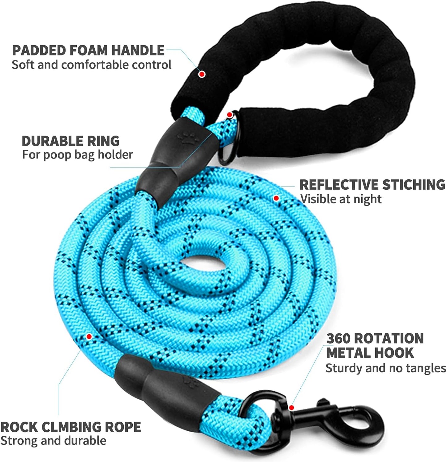 Dog Leash 6 FT Heavy Duty - Comfortable Padded Handle - 1/2 Inch Reflective Dog Leash for Medium Large Dogs with Poo Bag Dispenser