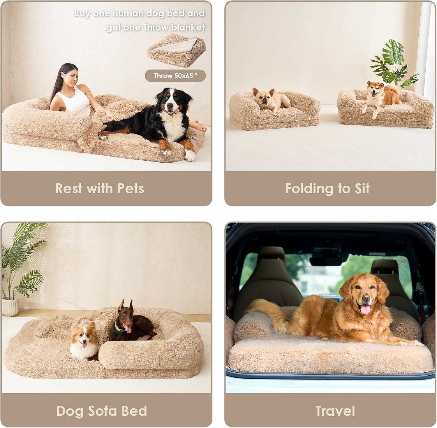 Foldable XXL Dog Bed for Large Sized Dog, 54"X38"X7.5" Faux Fur Fluffy Pet Couch Bed, Orthopedic Calming Memory Foam Big Pet Bed, Washable Pet Sofa Bed with Non-Slip Bottom, Camel