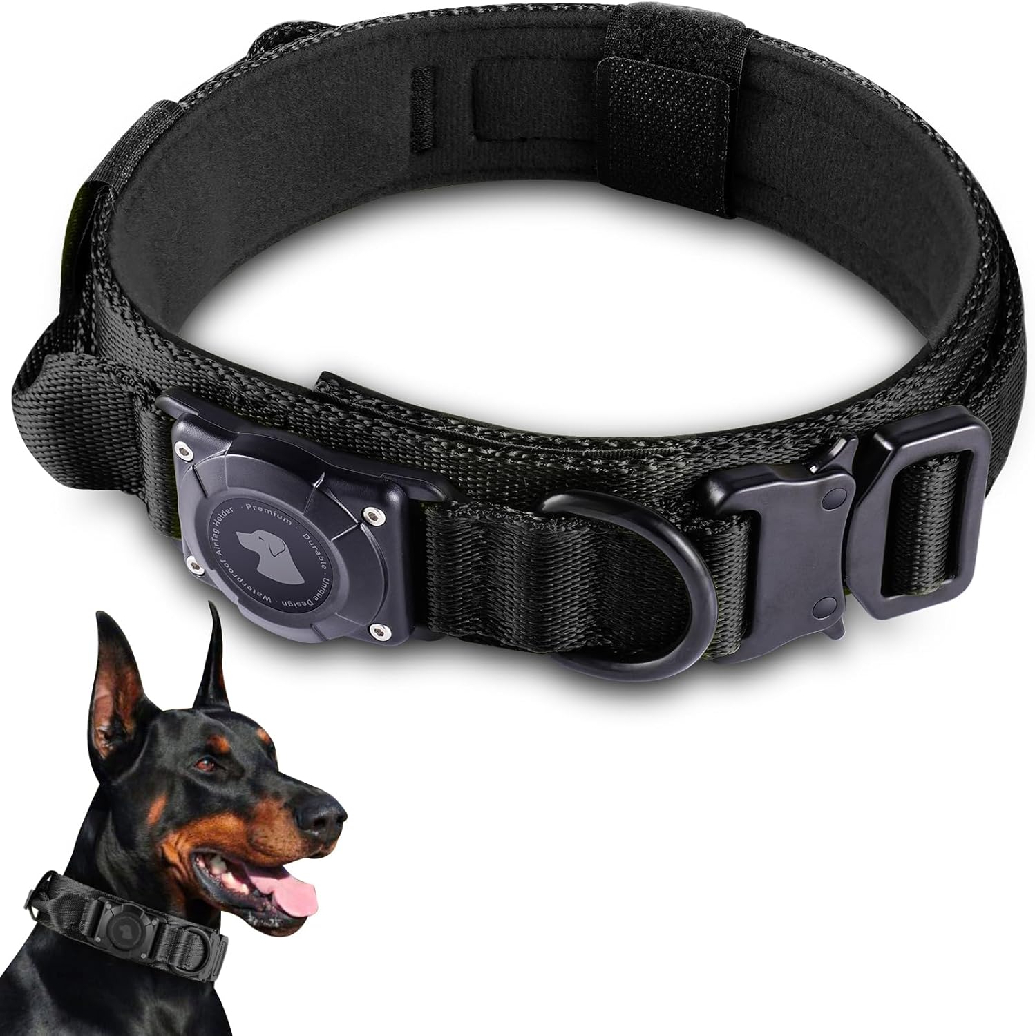 2025 Upgrade Waterproof Airtag Dog Collar, Military Tactical Dog Collar with Airtag Holder, Comfortable Control Handle and Metal Buckle, GPS Dog Collar Holder for Medium to Large Dogs (Armygreen, L)