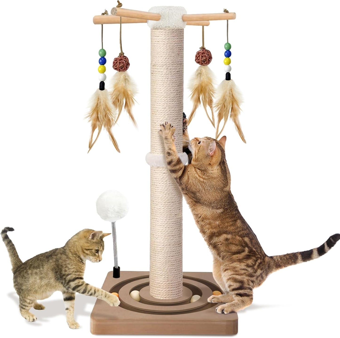 Cat Scratching Post, Sisal, Interactive Furniture Toys for Indoor Cats Adults, 2 Mounting Methods Scratcher Tree Tower with Hanging and Ball Track