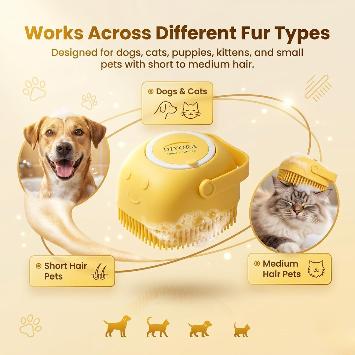 Pet Shampoo Brush, 2-In-1 Silicone Bath Brush with Soap Dispenser for Dogs & Cats
