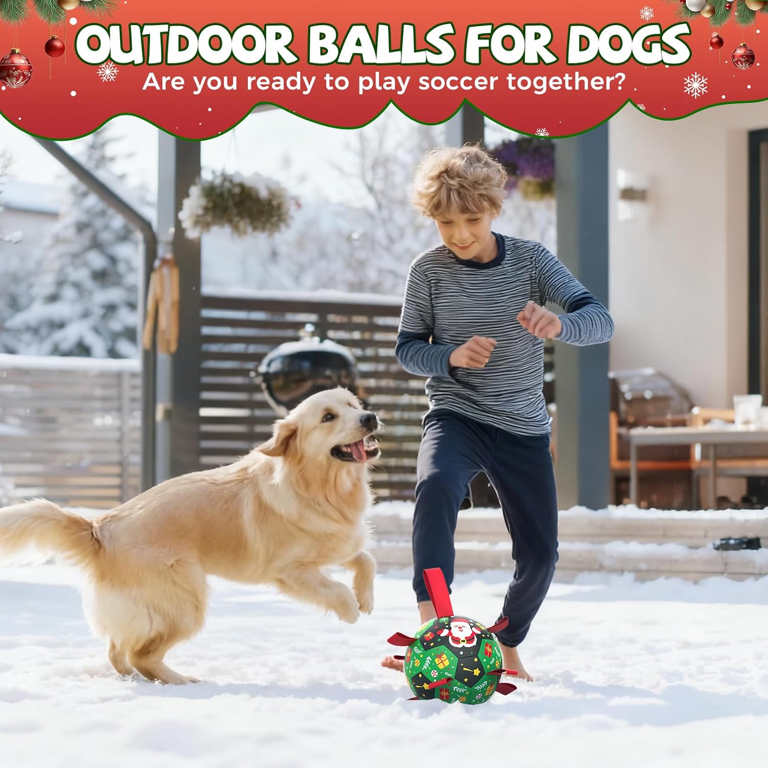 Christmas Dog Toys: Soccer Ball with Straps for Outdoor Play, Tug of War- Dog Birthday Gift, 8 Inch Balls for Medium & Large Dogs