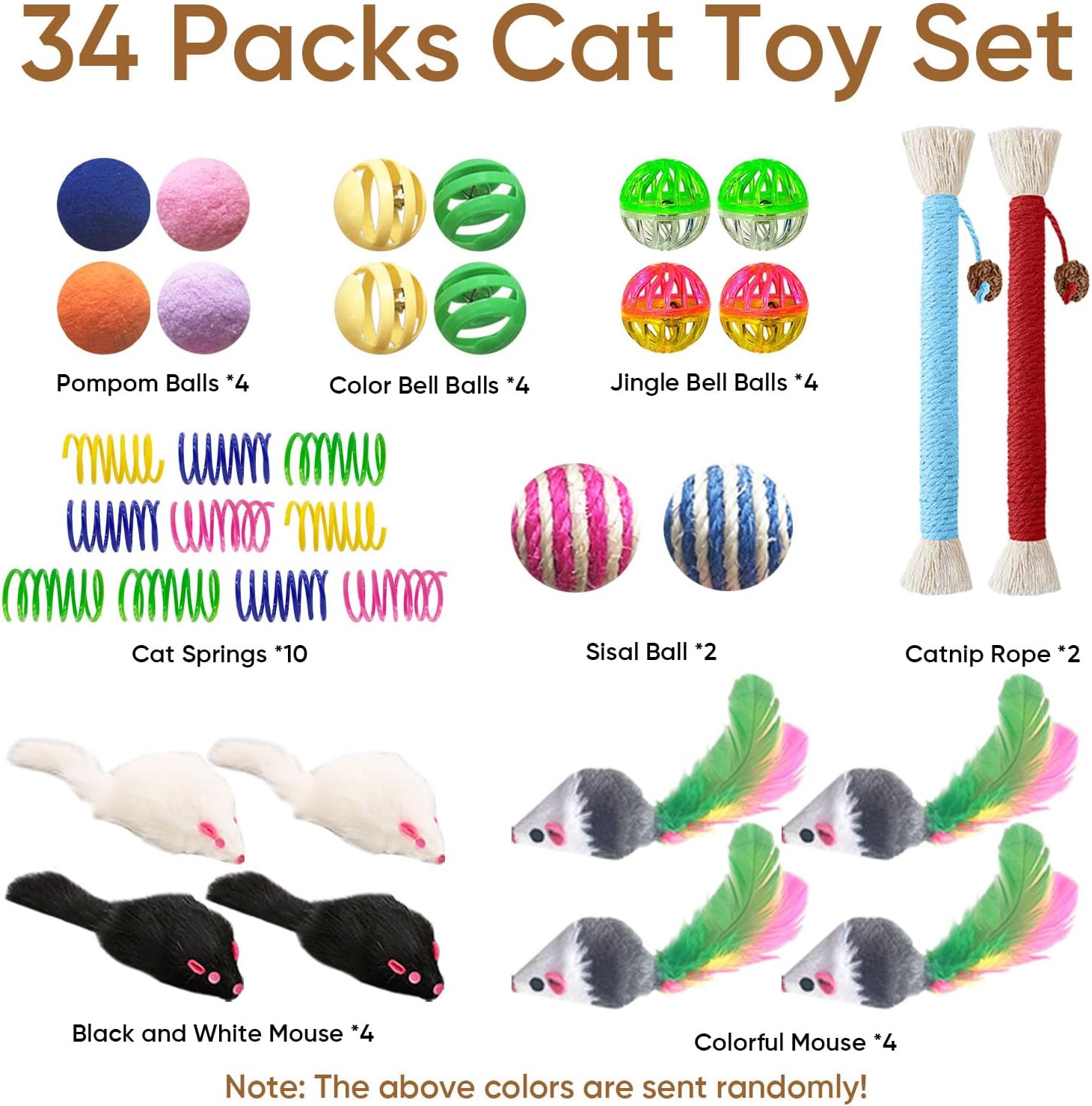 Cat Toys for Indoor Cats, 34 Packs Interactive Cat Toy Set with Colorful Springs Toys, Mouse Toy, Catnip Ropes, Balls, Bells, and Sisal Ball 