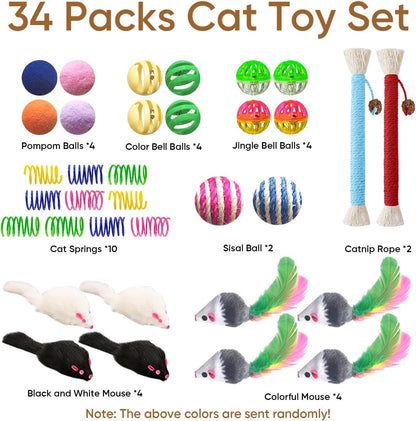 Cat Toys for Indoor Cats, 34 Packs Interactive Cat Toy Set with Colorful Springs Toys, Mouse Toy, Catnip Ropes, Balls, Bells, and Sisal Ball 