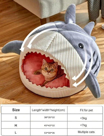 Shark-Shaped Kennel Kitten Bed Hideout House Warm Soft Comfortable Semi-Closed Cat Dog Nest Blue 