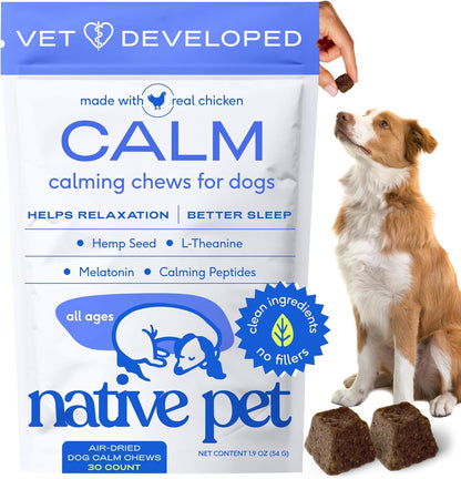 Calming Chews for Dogs - Melatonin for Dogs Anxiety Relief - Grain Free All Natural Hemp Calming Treats & L-Theanine Helps Manage Stress & Separation Anxiety - Puppy Sleep Aid - 30 Chews
