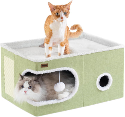 Cat Bed for Indoor Cats Cube House, Covered Cat Cave Beds & Furniture with Scratch Pad and Hideaway Tent, Cute Modern Cat Condo for Multi Small Pet Large Kitten Kitty, Green