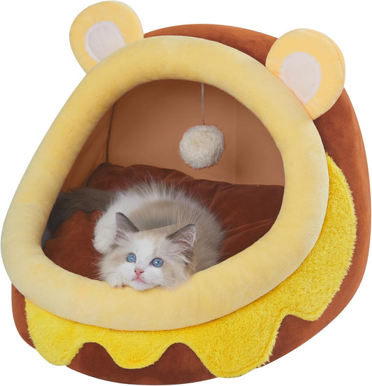 Cute Cat Bed for Indoor Cats, Warm Soft Cave Fit for Cat up to 16 Lb and Puppy, Honeypot, M