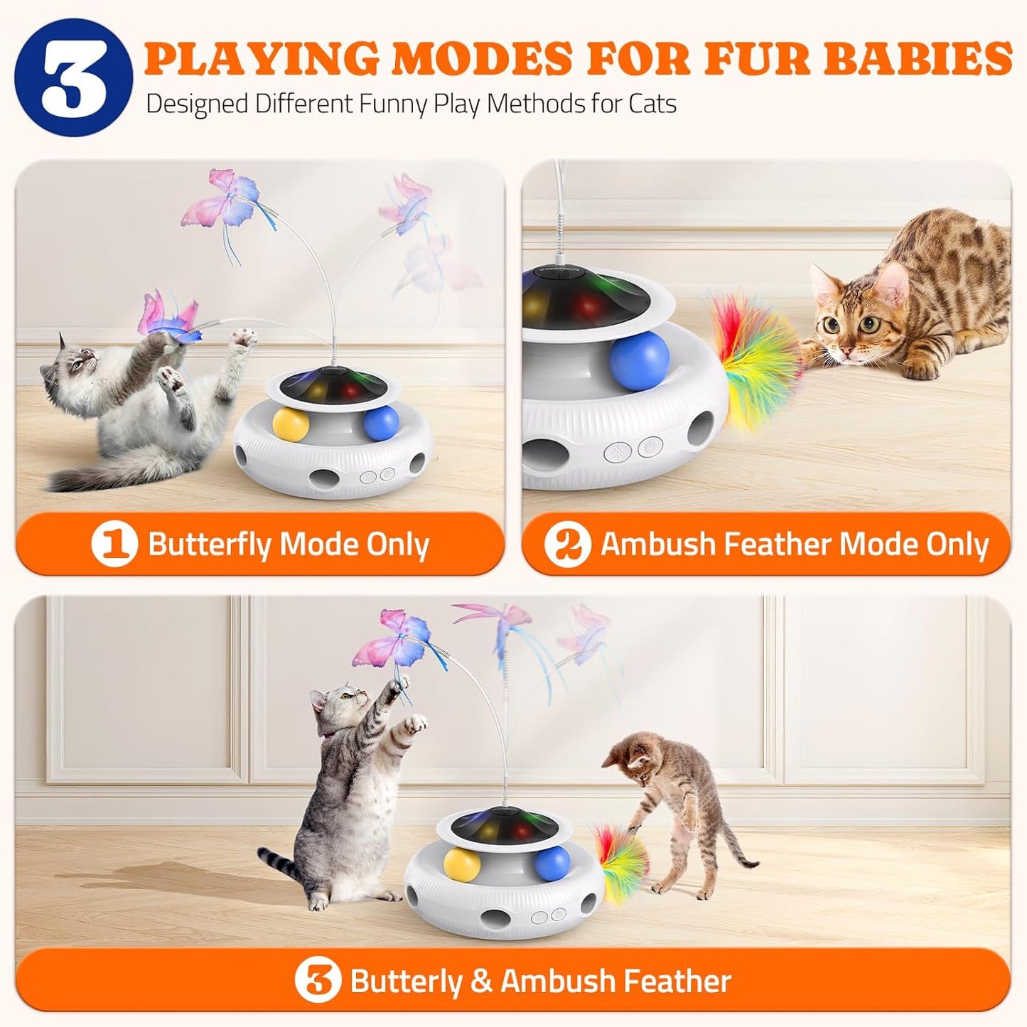 Interactive Cat Toy, 4 in 1 Automatic Interactive Kitten Toys for Indoor Cats Rechargeable with Fluttering Butterfly, Track Balls and Ambush Feather