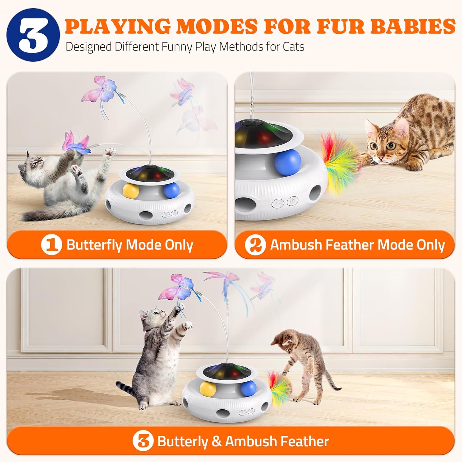 Interactive Cat Toy, 4 in 1 Automatic Interactive Kitten Toys for Indoor Cats Rechargeable with Fluttering Butterfly, Track Balls and Ambush Feather