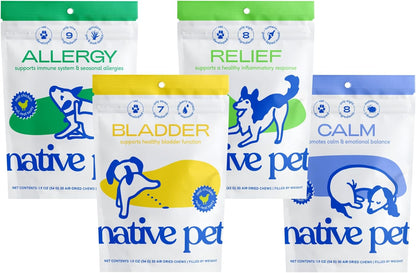 Air Dried Chew Sampler - Calming, Allergy, Dog UTI Treatment & Anti-Inflammatory Chews for Dogs - 30 Count Each