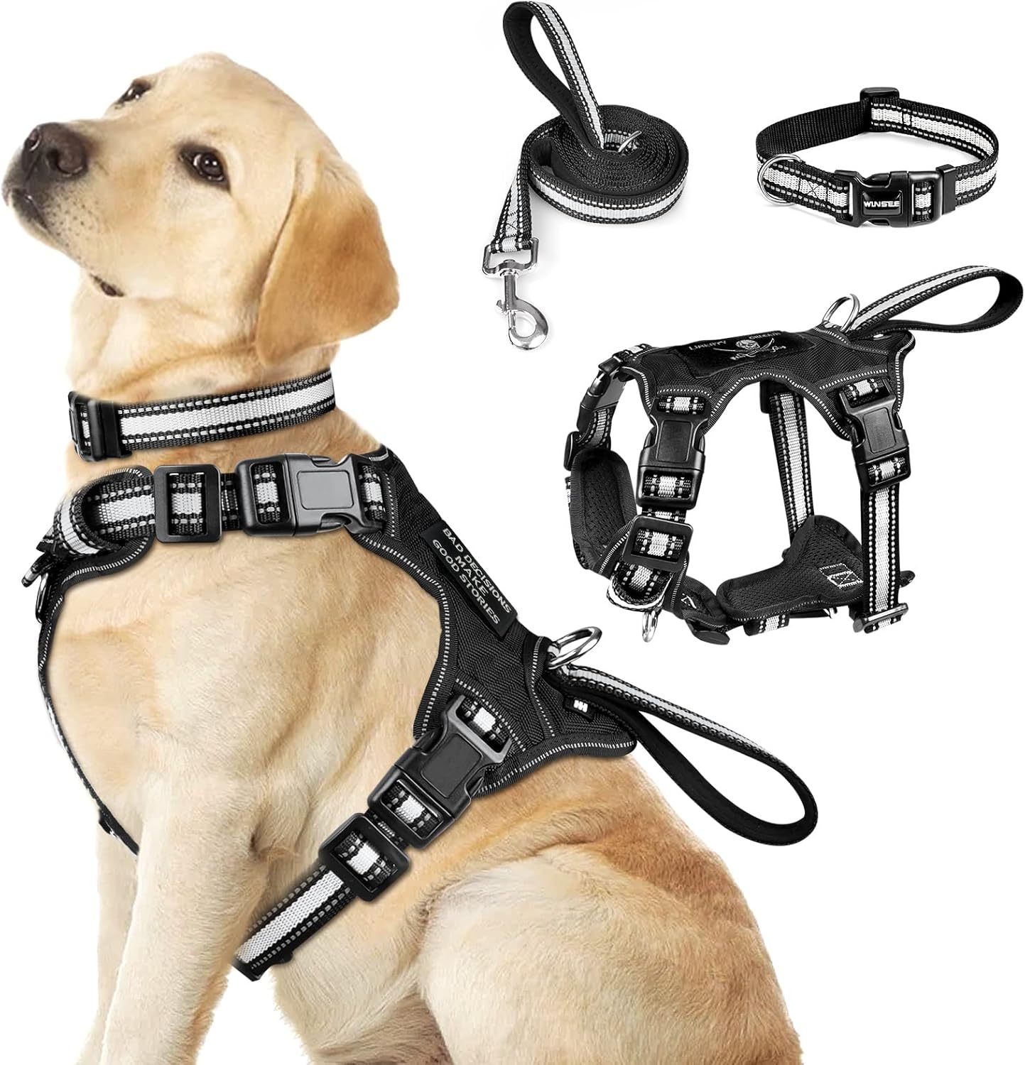 Pet Harness Collar and Leash Set, All-In-One Reflective Dog Harness No Pull with Adjustable Buckles, Small, Medium, Large, and Extra-Large Dogs (Black)